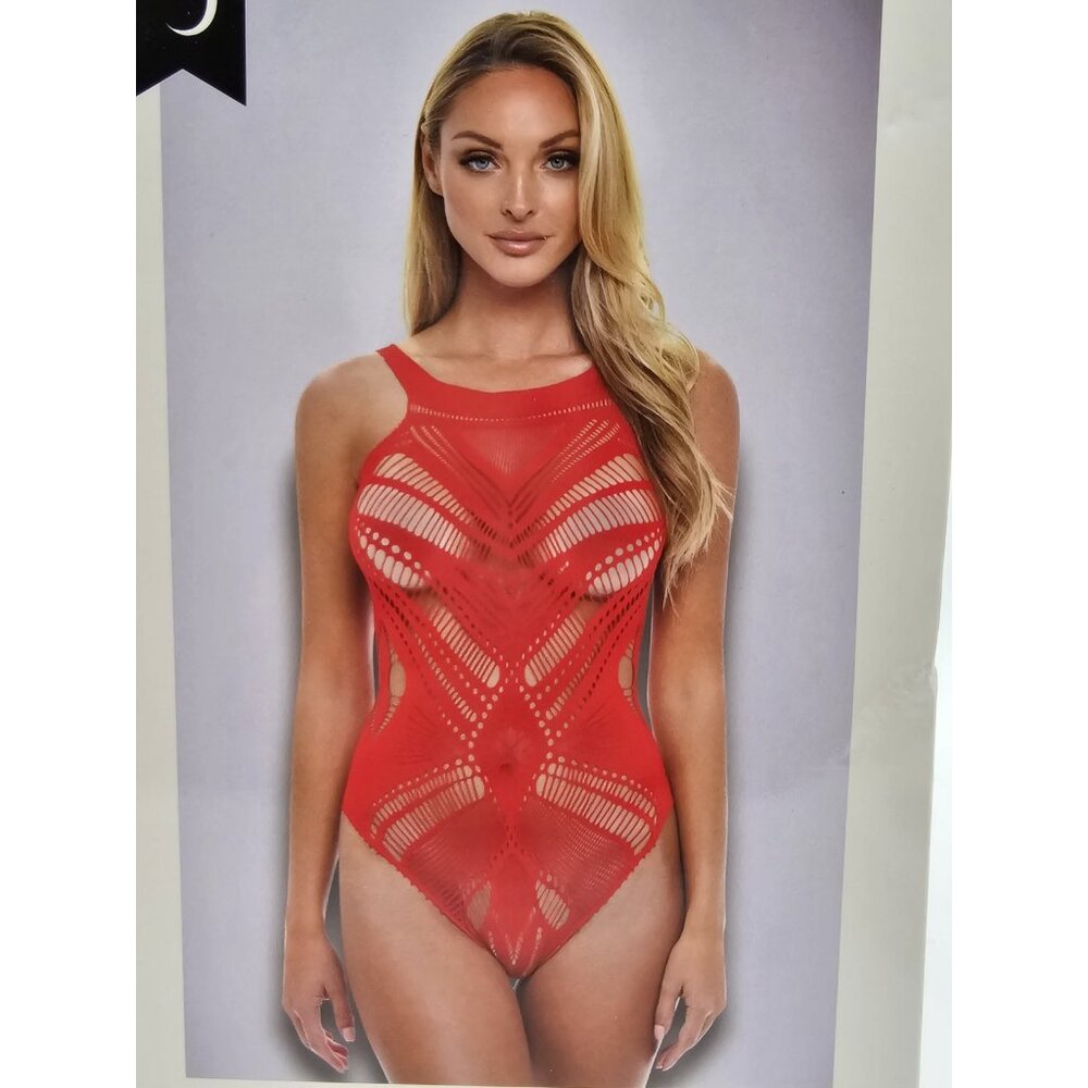 Baci Lingerie Women's One Size 2-14 Red Lace Sheer Sexy Jacquard Bodysuit